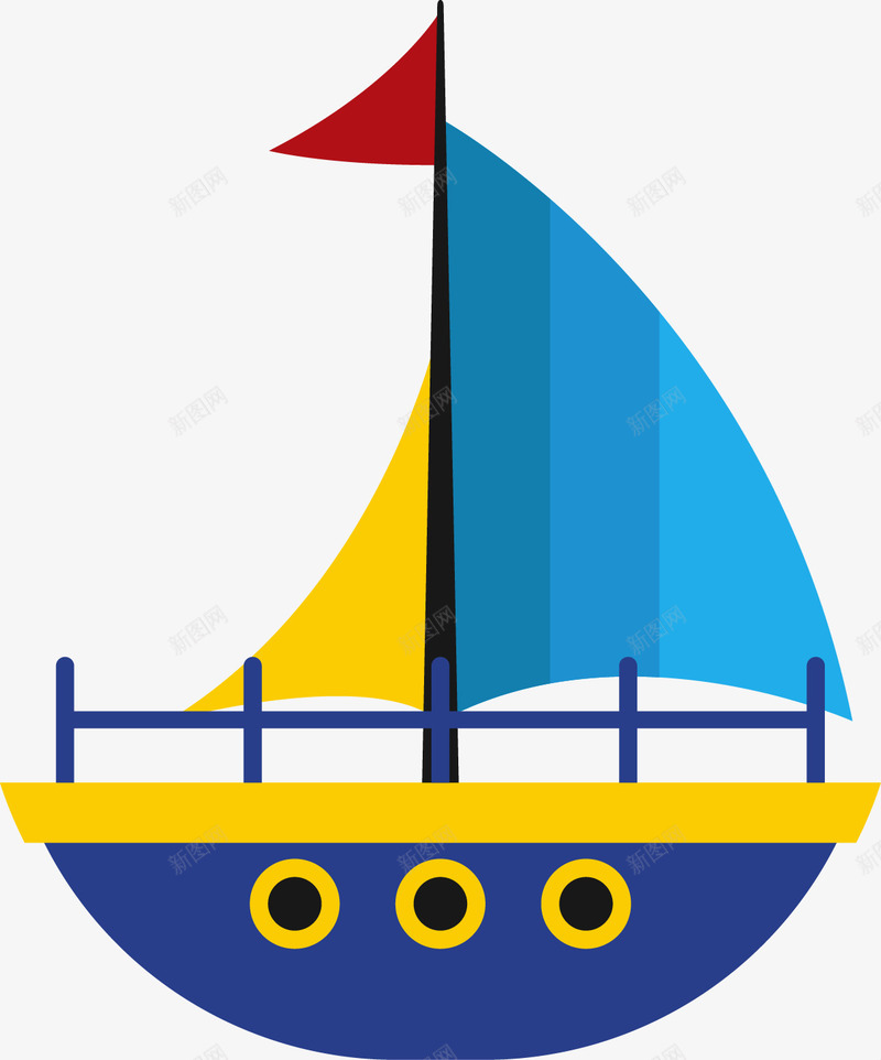 蓝色帆船png免抠素材_新图网 https://ixintu.com 一艘 卡通 圆形 帆船 手绘 船帆 蓝色 黄色