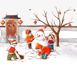 玩雪的小朋友堆雪人二十四气节立冬插画高清图片