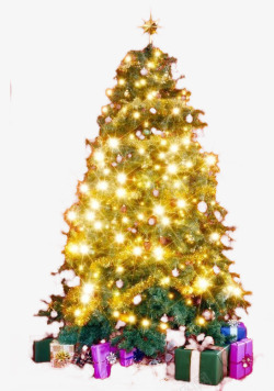 灯泡发光创意闪亮的金色圣诞树和礼物高清图片