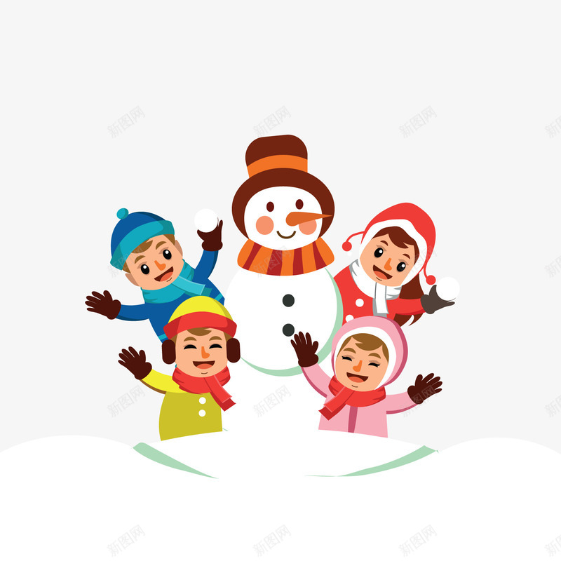 卡通堆雪人的四个儿童png免抠素材_新图网 https://ixintu.com 冬季装饰 卡通人物 卡通儿童 堆雪人 背景装饰