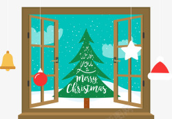 玻璃外风景窗外的圣诞树高清图片