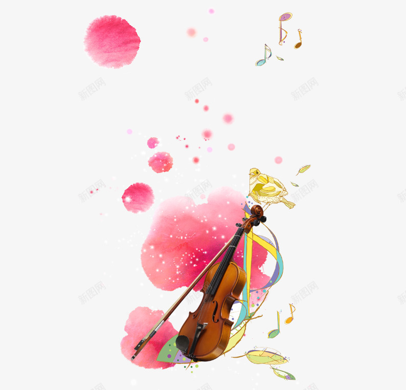 粉色水墨小提琴png免抠素材_新图网 https://ixintu.com 卡通 墨迹 小提琴 插画 水彩 音符