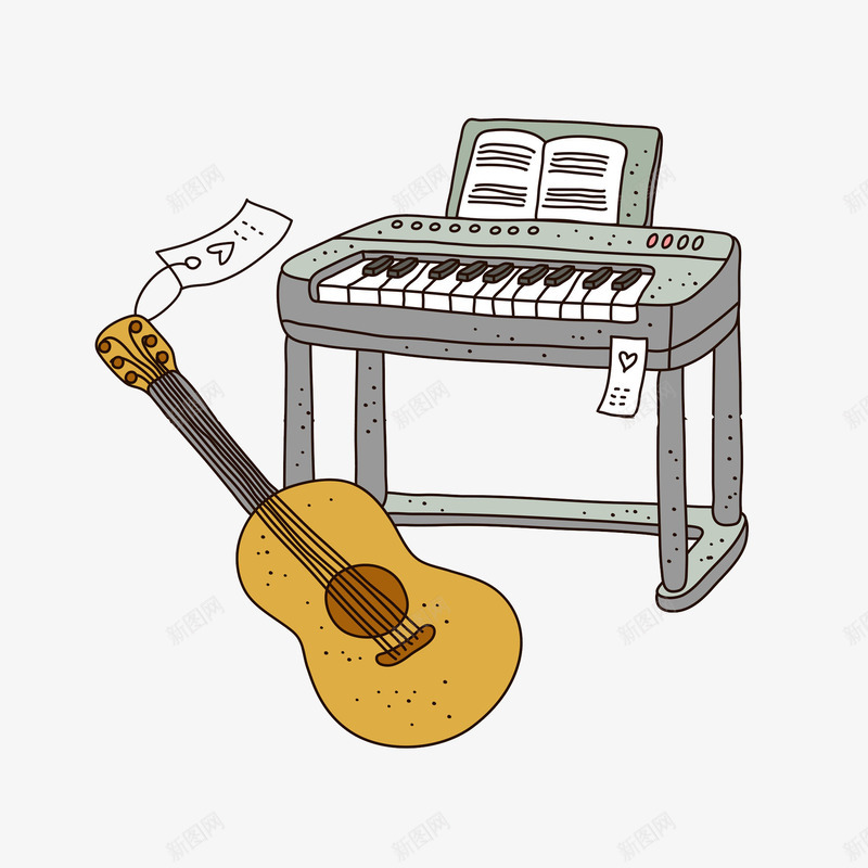 卡通钢琴吉他图png免抠素材_新图网 https://ixintu.com 乐器 卡通 吉他 商品 插图 摆放 电子琴 钢琴