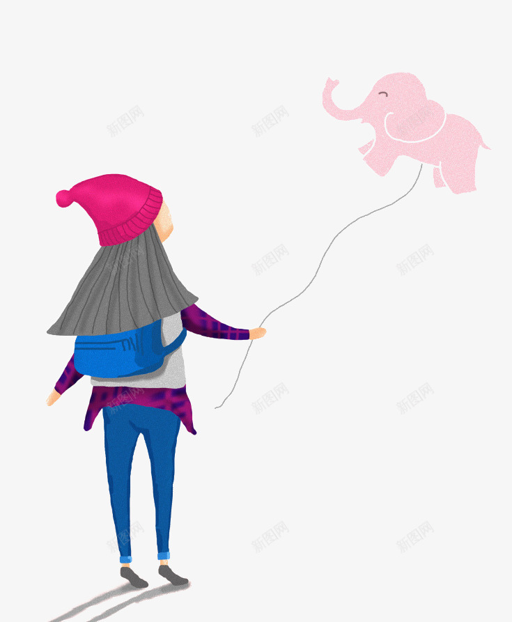 女孩小象png免抠素材_新图网 https://ixintu.com 卡通 女孩 小象 帽子 手绘 粉色 背包 蓝色
