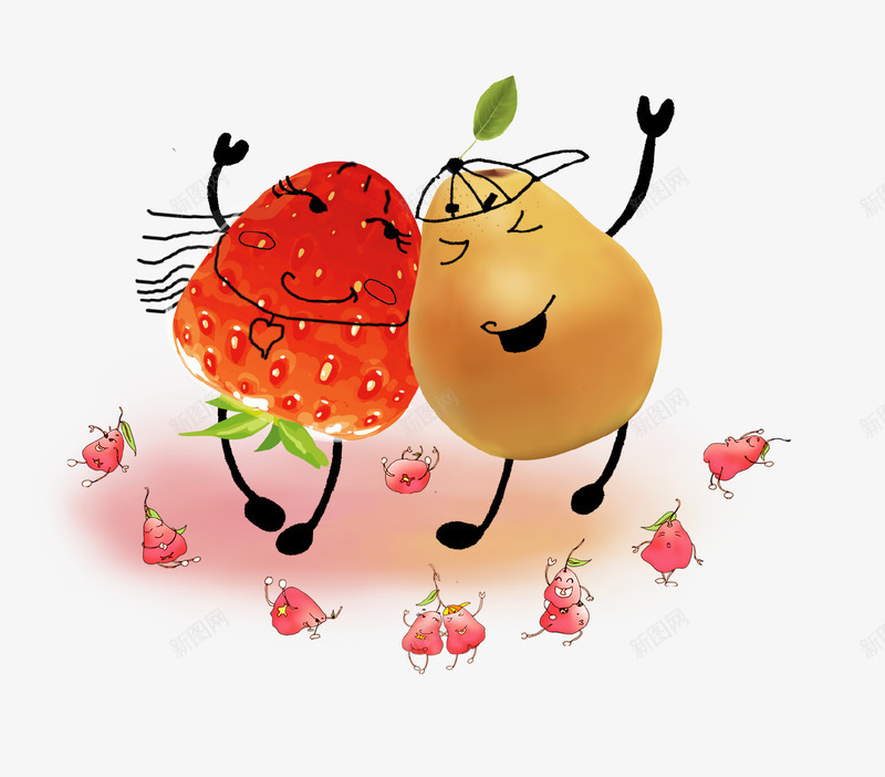 卡通手绘可爱水果舞蹈插画psd免抠素材_新图网 https://ixintu.com 卡通手绘 可爱 插画 梨 水果 美味 舞蹈 草莓
