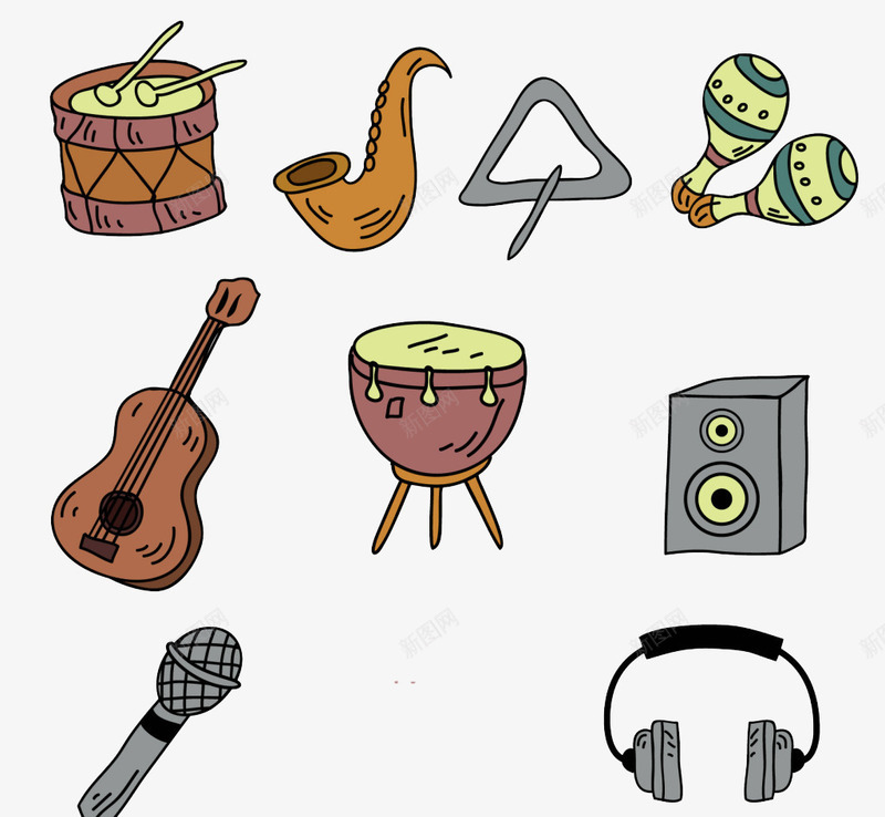卡通音乐设备和乐器png免抠素材_新图网 https://ixintu.com 乐器 卡通 吉他 话筒 音乐设备 音响