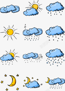 阵雨转小雨卡通天气图标集合矢量图高清图片
