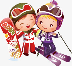 滑板上的小人卡通儿童滑雪高清图片
