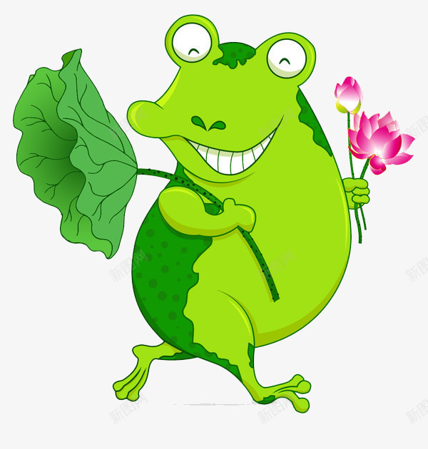 卡通拿荷花的青蛙png免抠素材_新图网 https://ixintu.com 动物 卡通 微笑 手绘 绿色 荷叶 荷花 青蛙