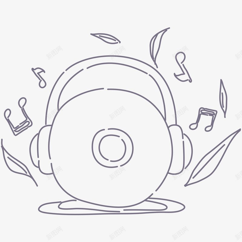手绘线条音符和耳机图标png_新图网 https://ixintu.com 叶子 听歌 声音 手绘图 线条 耳机 音乐 音符