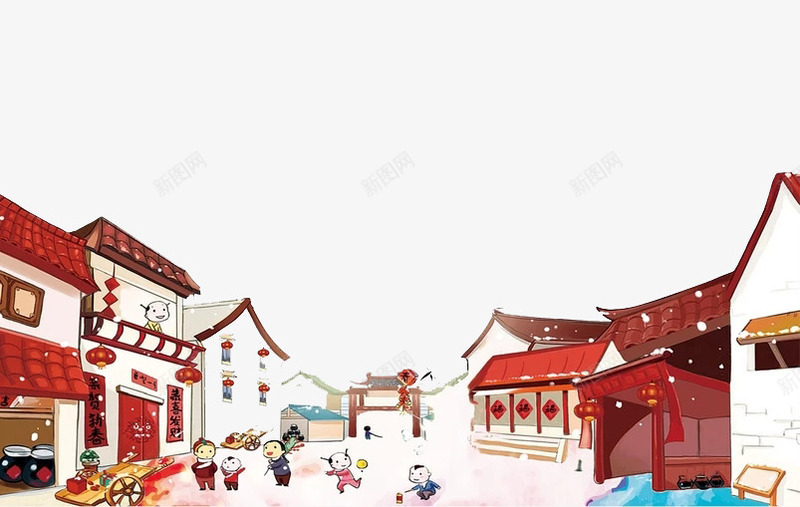 中国风古建筑新年图png免抠素材_新图网 https://ixintu.com 卡通手绘 孩子 房子 房屋 拜年 放鞭炮 水彩 过新年