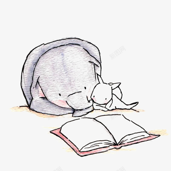 读书png免抠素材_新图网 https://ixintu.com 兔子 卡通小象 小动物 小象 念书 手绘书本