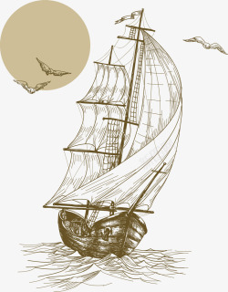 手绘帆船水墨素材