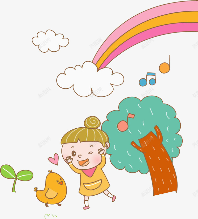 高兴的女孩png免抠素材_新图网 https://ixintu.com 云朵 叶子 女孩 小鸡 彩虹 水彩 绿色树木 音符 高兴