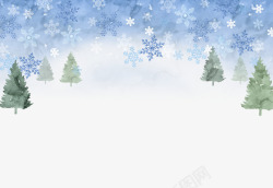 水彩雪花雪地中的松树高清图片