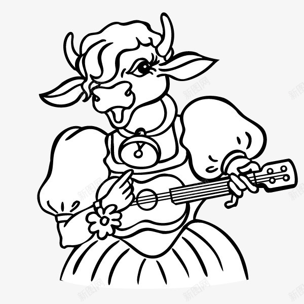 手绘动物卡通弹吉他的牛小姐png免抠素材_新图网 https://ixintu.com 动物 卡通 手绘