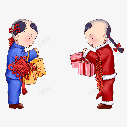 两个提着礼物互相拜年的小孩psd免抠素材_新图网 https://ixintu.com 中国风 可爱 扁平化 手绘 拜年 新年 新春 礼物 除夕
