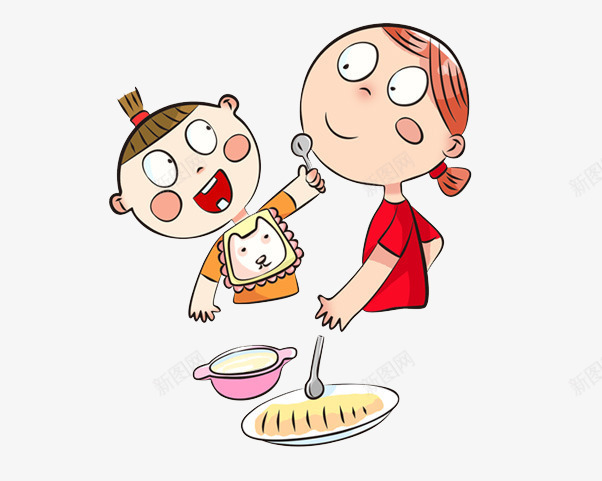 宝宝和妈妈一起吃饭png免抠素材_新图网 https://ixintu.com 亲子 卡通 喂养 妈妈 宝宝吃饭