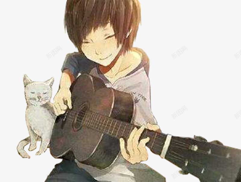弹吉他的人png免抠素材_新图网 https://ixintu.com 卡通手绘 吉他手 帅哥 弹吉他的人 日漫 歌手 漫画 猫