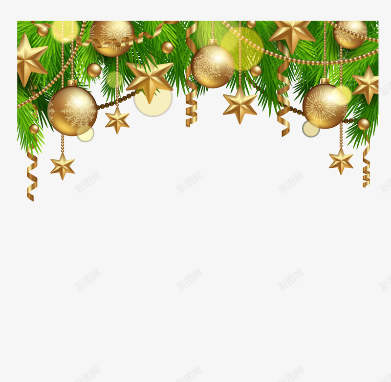 圣诞节圣诞球装饰png免抠素材_新图网 https://ixintu.com 圣诞球装饰 圣诞节挂饰 星星装饰品 金色丝带 金色圣诞球 金色星星