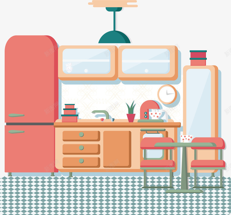 粉色厨房png免抠素材_新图网 https://ixintu.com 冰箱 吊灯 手绘 抽屉 时钟 桌椅板凳 盆栽