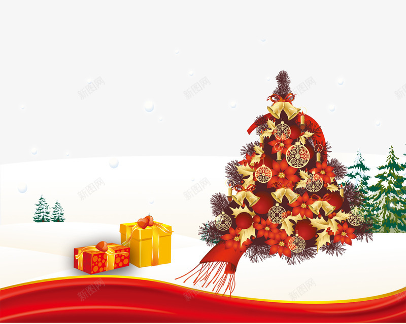 圣诞树雪景图png免抠素材_新图网 https://ixintu.com 圣诞快乐 圣诞树 圣诞节 彩带 礼物 红色 绚丽 雪景