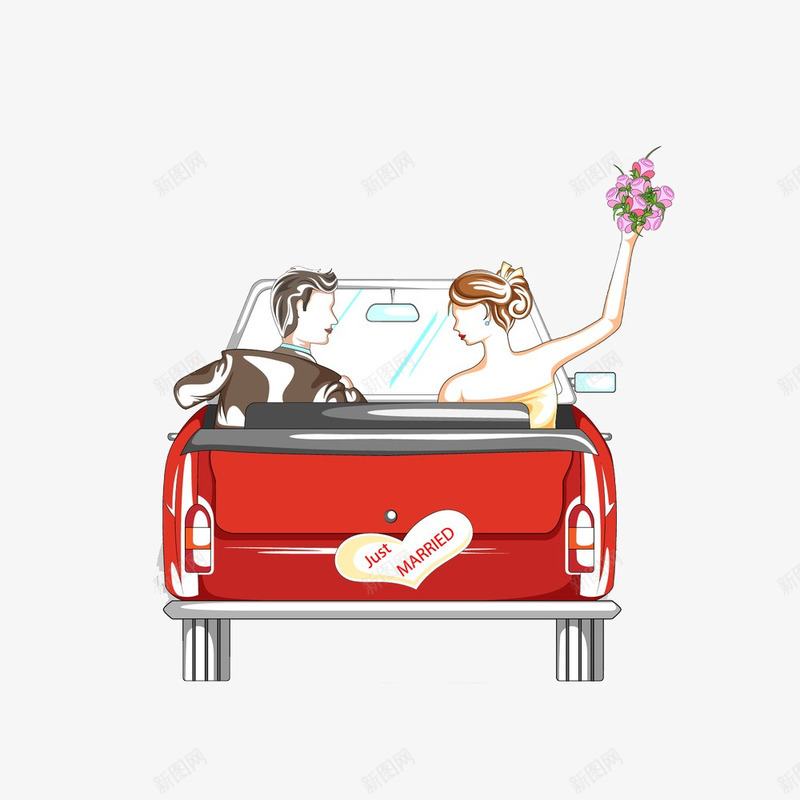 卡通手绘开车结婚形象png免抠素材_新图网 https://ixintu.com 卡通手绘 婚车 新娘 新郎 水彩 汽车 红色 结婚 花朵 鲜花