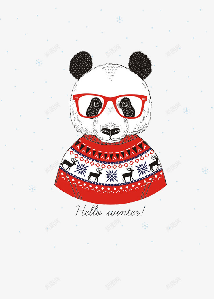 黑白熊猫png免抠素材_新图网 https://ixintu.com 动物 可爱 熊猫 红色眼镜框 耳朵 花纹毛衣 雪花 麋鹿