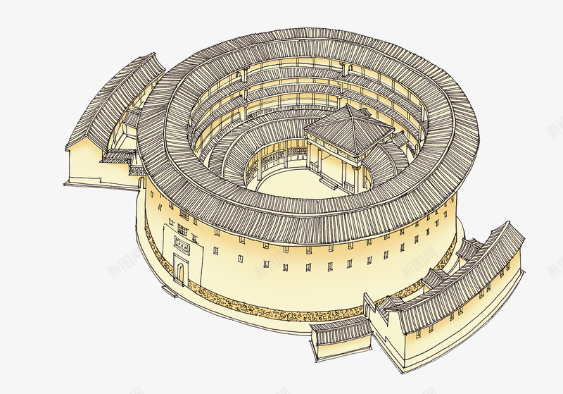 中国传统文化客家建筑png免抠素材_新图网 https://ixintu.com 中国文化 中国风 客家围屋 客家建筑 少数名族 建筑图 手绘