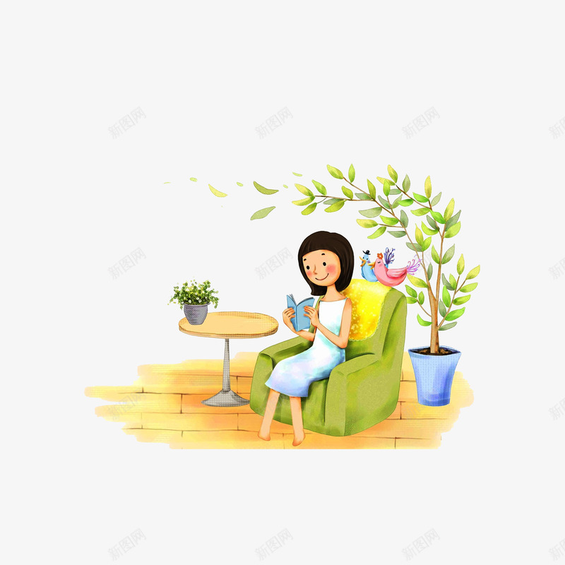 坐沙发上的女孩png免抠素材_新图网 https://ixintu.com 坐沙发上的女孩 插画 沙发上的人 盆栽 认真看书的女孩