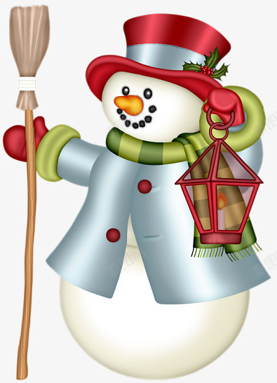 手绘拿拖把跟手提灯的圣诞雪人png免抠素材_新图网 https://ixintu.com 卡通圣诞雪人 戴红帽子的雪人 拿手提灯的雪人 拿拖把的雪人