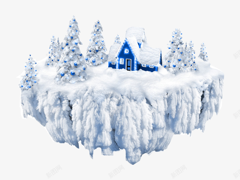 冰雪小屋png免抠素材_新图网 https://ixintu.com 冰天雪地 蓝色房子 被雪盖住的圣诞树