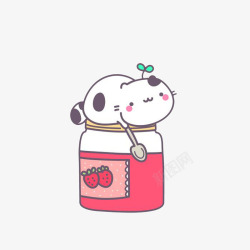 草莓罐头卡通趴在草莓酱瓶子上的小猫高清图片