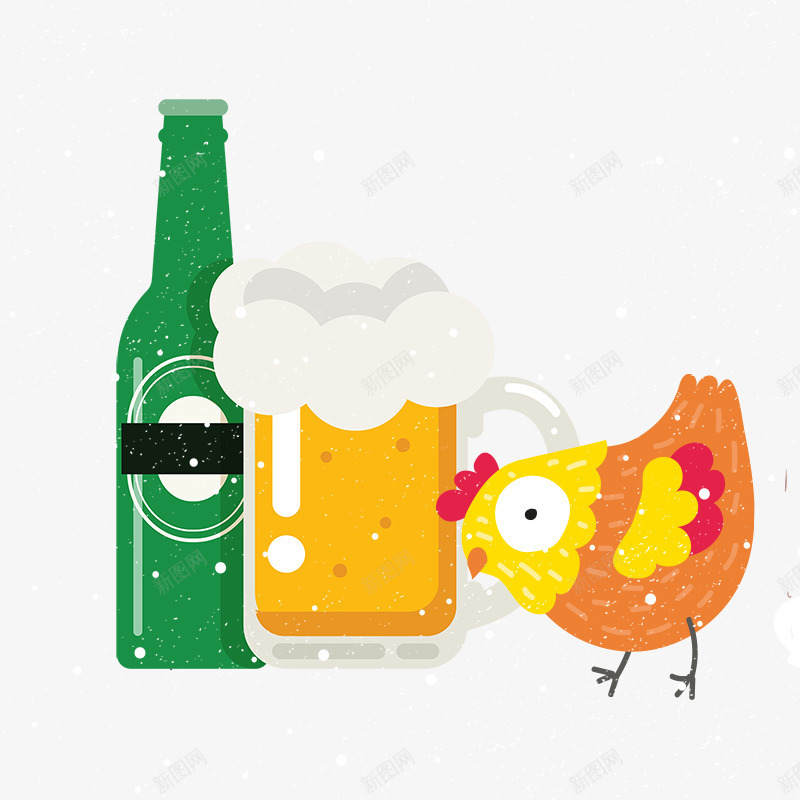 卡通手绘炸鸡啤酒psd免抠素材_新图网 https://ixintu.com 免抠站立的鸡 卡通 啤酒 手绘 炸鸡 绿色的酒瓶