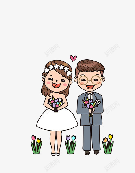 卡通结婚的男女png免抠素材_新图网 https://ixintu.com 卡通 微笑的新人 手捧花 新娘 爱心 结婚的男女 花朵 高兴的新郎