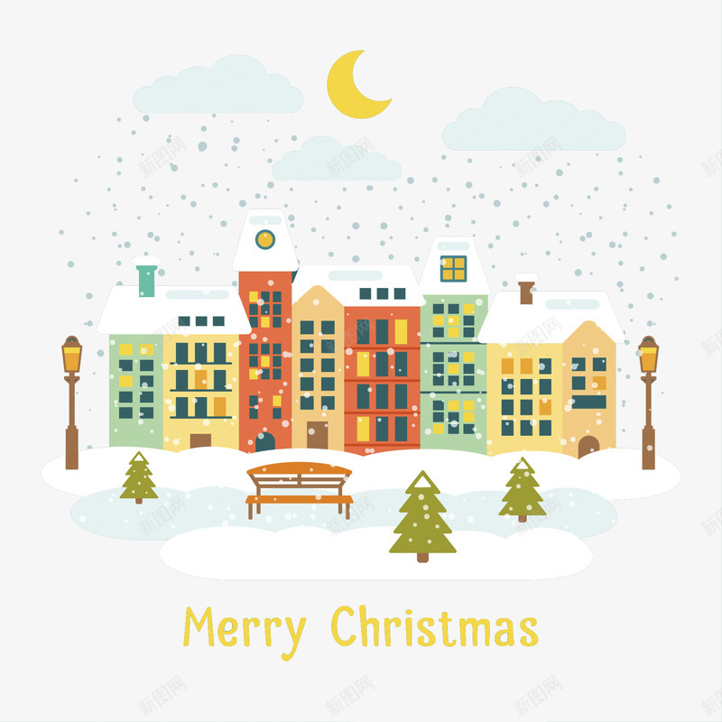 圣诞节夜色png免抠素材_新图网 https://ixintu.com 圣诞节 房子 月亮 雪