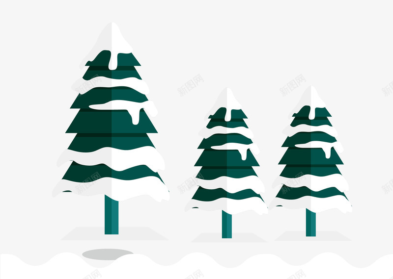 三颗松柏树木png免抠素材_新图网 https://ixintu.com 冬季松柏 卡通树木 带雪花的树 白雪 矢量素材 绿树 雪枝