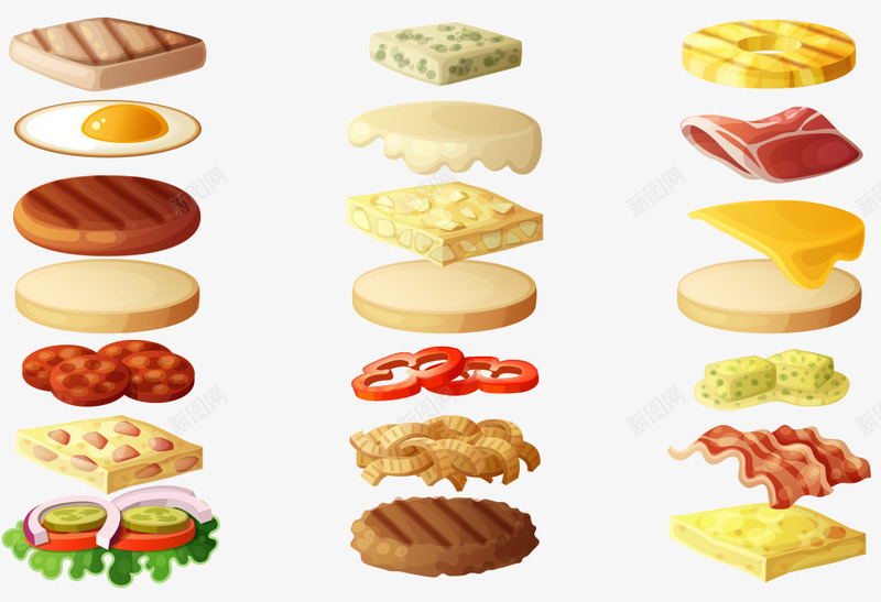 一堆汉堡食材png免抠素材_新图网 https://ixintu.com 一堆零食 做饭食材 卡通 吃的 彩色 手绘 汉堡食材 零食