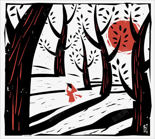 手绘树林的小女孩psd免抠素材_新图网 https://ixintu.com 创意设计 可爱卡片 手绘插画