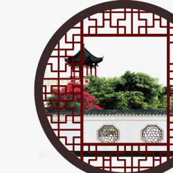 江南古镇园林窗外的中国风凉亭高清图片