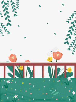 手绘唯美柳树花朵装饰背景素材