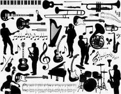 黑白音乐家乐器和音乐家剪影高清图片