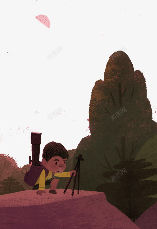 手绘小孩登山观星png免抠素材_新图网 https://ixintu.com 创意设计 可爱卡片 手绘插画