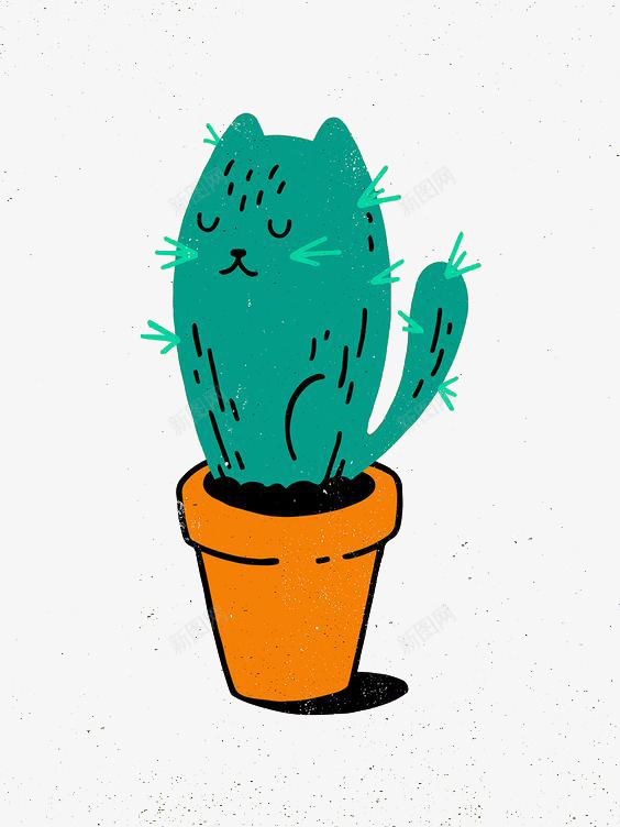 卡通盆景png免抠素材_新图网 https://ixintu.com 仙人掌插画 创意 可爱 小猫 猫咪 盆栽