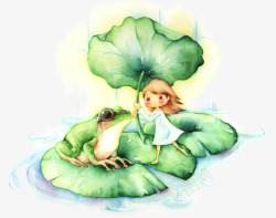 水彩青蛙创意水彩合成绿色的荷叶青蛙高清图片