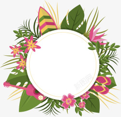 粉色花朵芭蕉叶装饰标题框素材