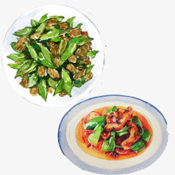 白绿色餐具辣椒炒肉手绘色彩画高清图片