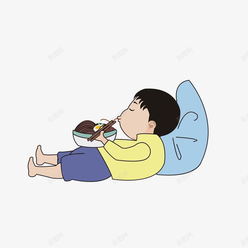 卡通躺着吃面的男孩png免抠素材_新图网 https://ixintu.com 享受表情 卡通男孩 炸酱面 背靠枕头 躺着吃面