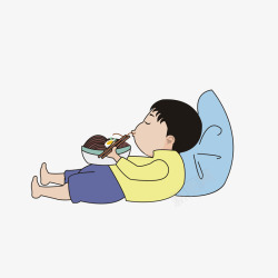 背靠枕头卡通躺着吃面的男孩高清图片