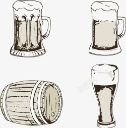 手绘3个啤酒杯和一个木酒桶素材